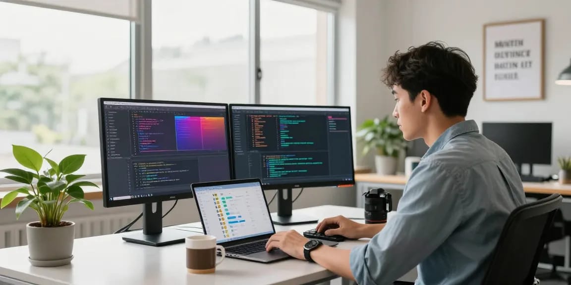 Tech workspace with developer coding on dual monitors for 纸飞机中文版官网 functionality.