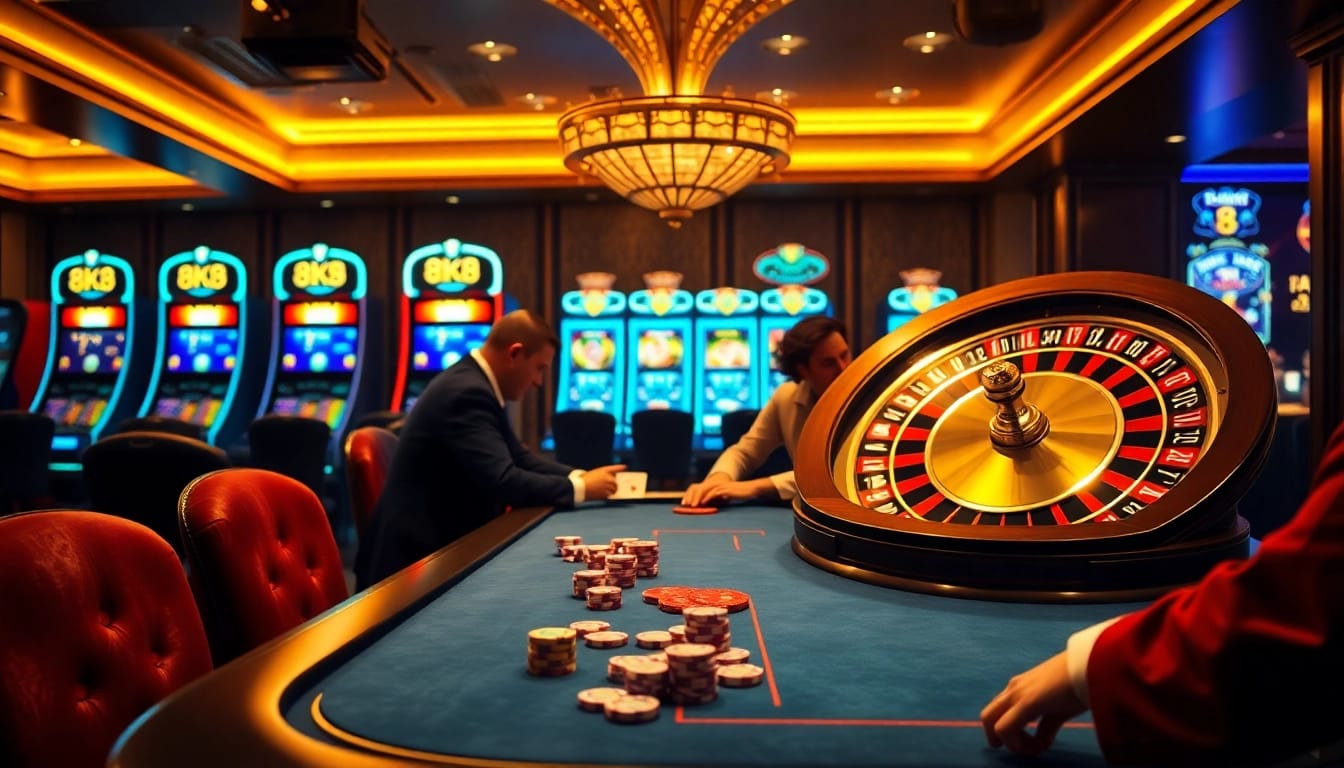 High-stakes poker action at 8K8 with an exciting roulette wheel and slot machines.