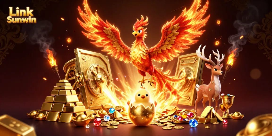 Play exciting games at Link Sunwin with a vibrant 3D phoenix scene full of treasures.