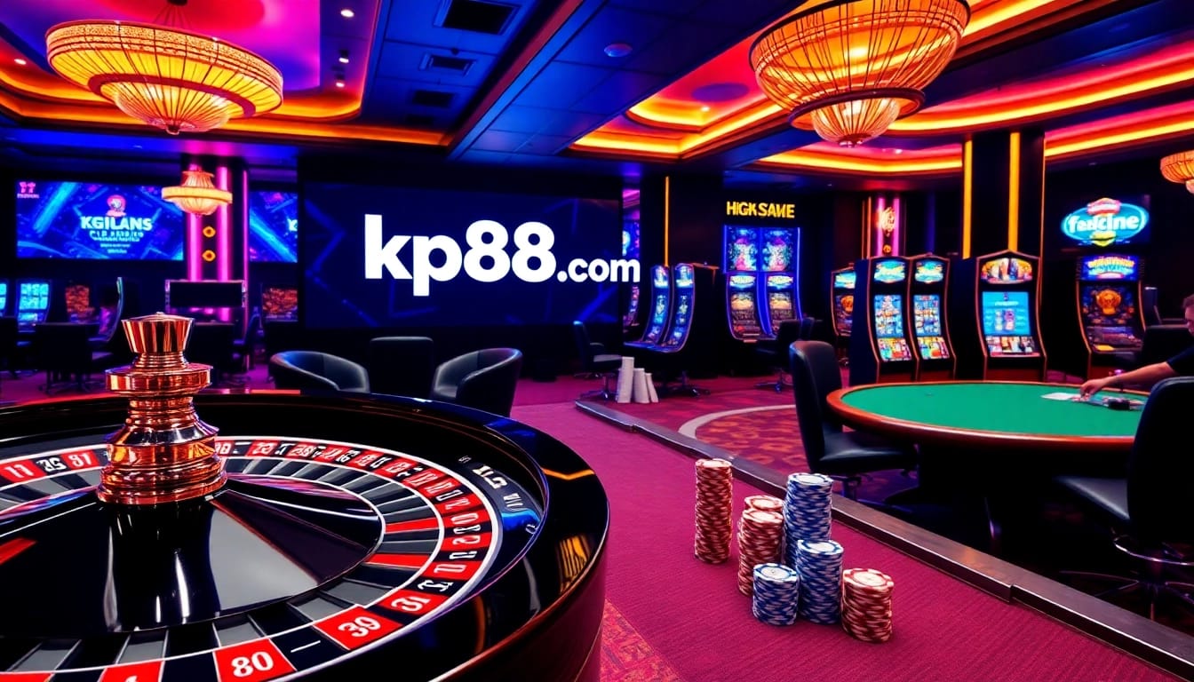 Players experiencing the thrill of kp88.com with roulette and poker chips in an elegant casino setting.