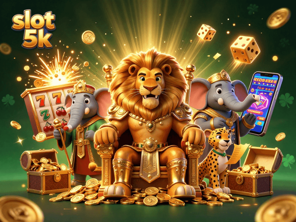 Experience thrilling wins with slot 5k as a regal lion king and friends celebrate in a vibrant casino scene.