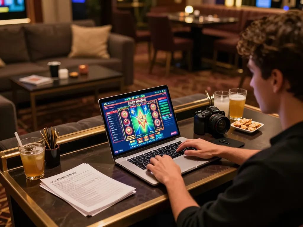 Pemain yang terlibat menikmati perjudian online di rumah menggunakan permainan slot hotelleonardvinci di laptop, menunjukkan gaya hidup modern
