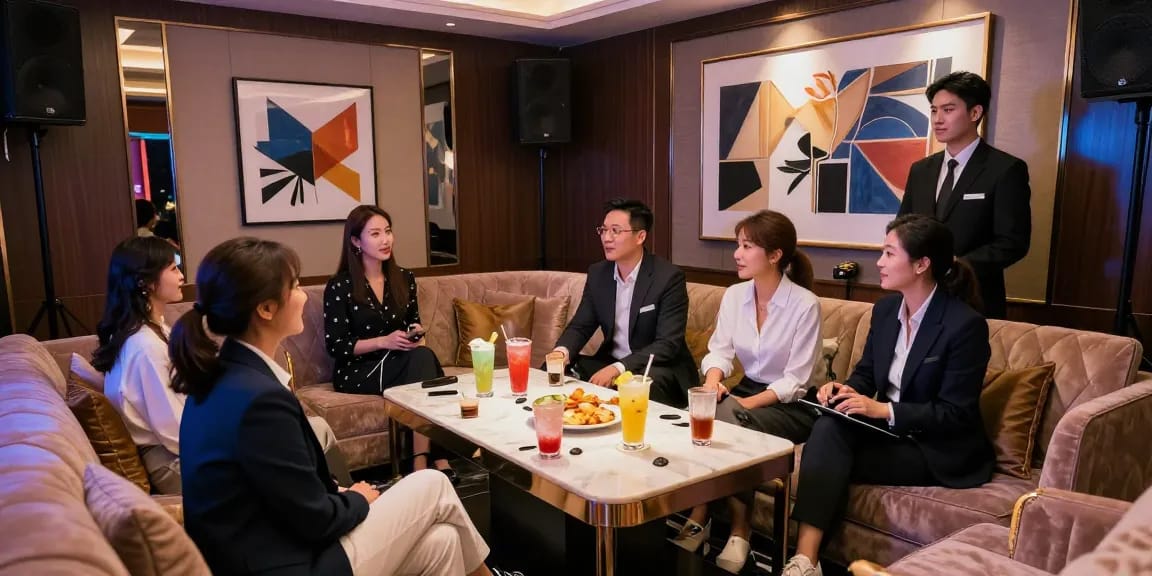 강남구구단에서 고급스러운 프라이빗 룸을 즐기는 전문직 종사자들, 안락한 좌석과 고급스러운 음향 시스템이 있는 분위기