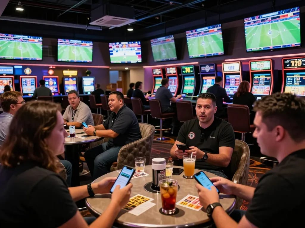 Patrons enthusiastically engaging in sports betting at the casino lounge, showcasing the thrill of placing bets on vidyasewingmachine events.