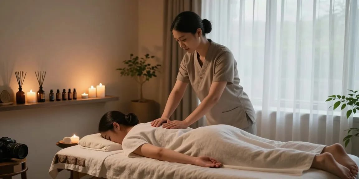 역삼동마사지 전문가가 편안한 공간에서 고객에게 스웨디시 마사지를 진행하는 모습