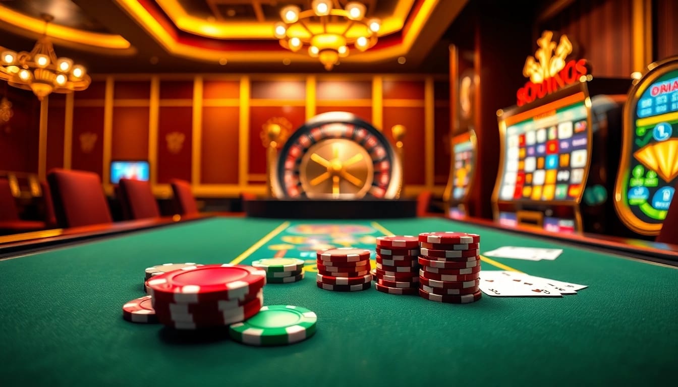 Experience exciting gameplay with apk jaya at a luxurious casino table filled with vibrant poker chips and a roulette wheel.