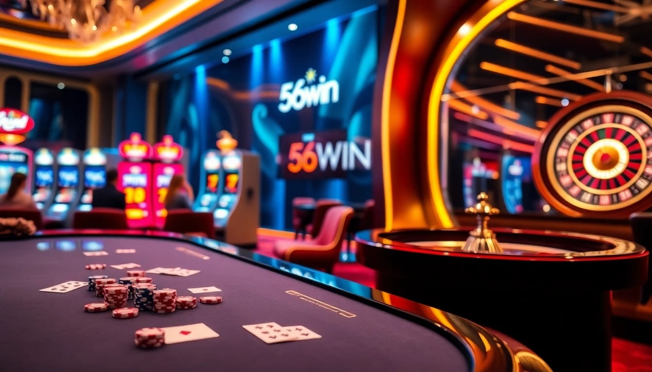 Players enjoying baccarat at Nhà Cái 56WIN, showcasing excitement and luxury in a vibrant casino setting.