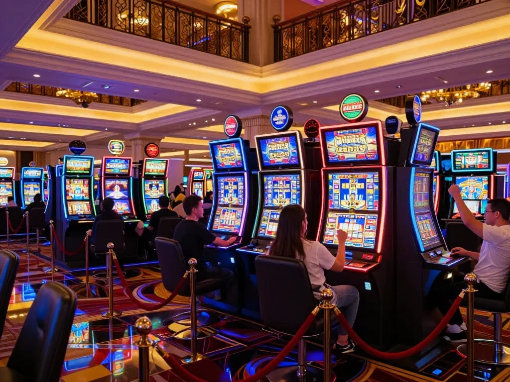 Engaging scene of players at vibrant link slot machines in a lively casino atmosphere, celebrating wins.