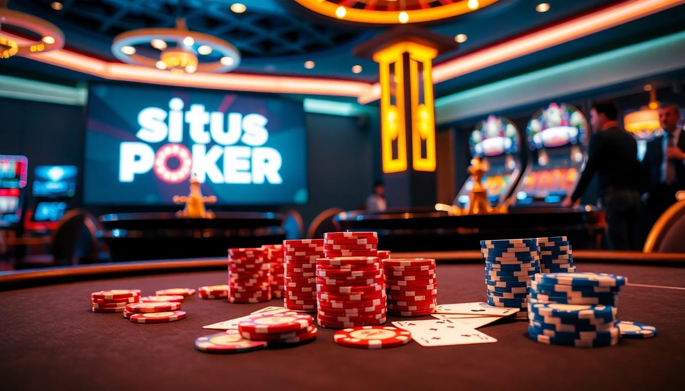 Situs idn poker menyoroti suasana kasino yang menarik dengan chip poker dan roda roulette.