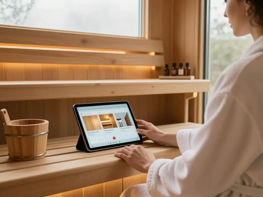 Sauna customization options are explored in a serene home sauna with a person using a tablet.