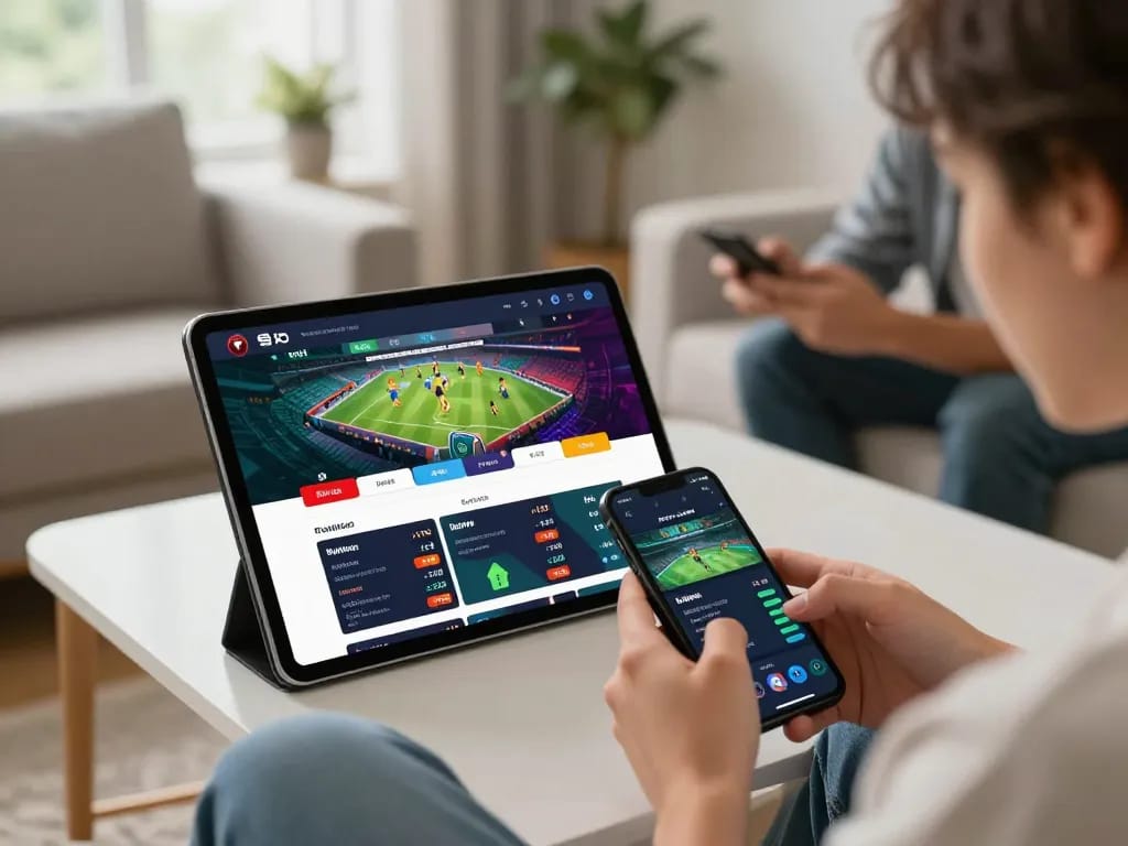 Engaging in trang cá cược bóng đá with dynamic sports betting interface and friends in a modern home setting
