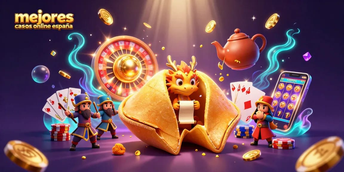 Ilustración de los mejores casinos online España con un dragón sabio y una galleta de la fortuna dorada.