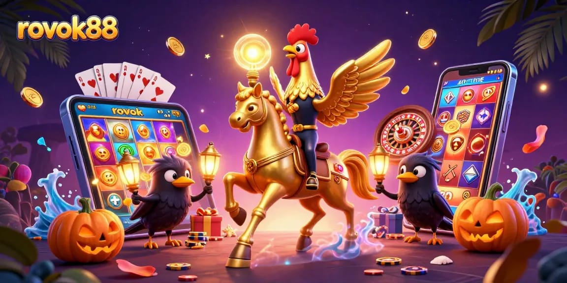 Experience thrilling wins with rokok88 as a golden rooster brings luck in a vibrant casino scene.