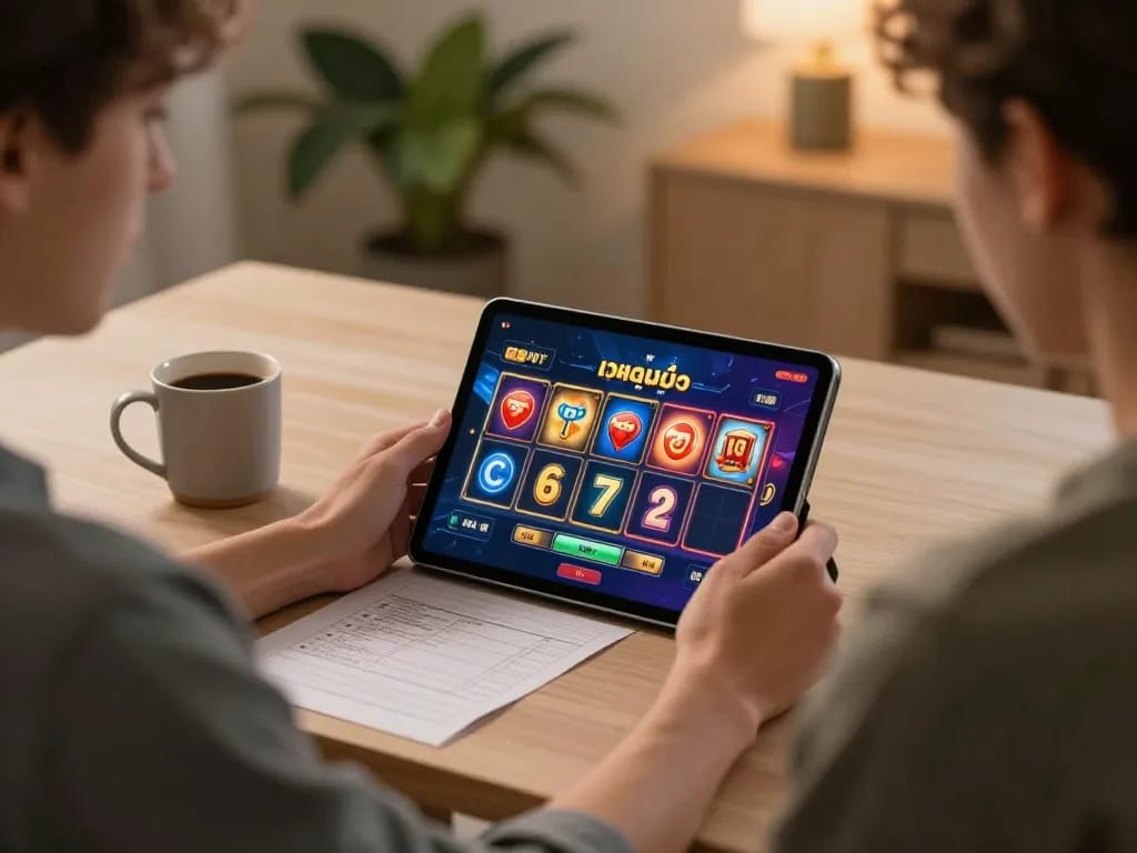 Engaging online gaming scene with เว็บสล็อต player using tablet comfortably at home.