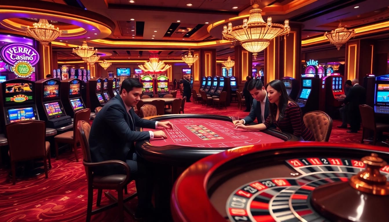 Players engaged in a thrilling baccarat game at xx88center, showcasing luxury and excitement in a vibrant casino.