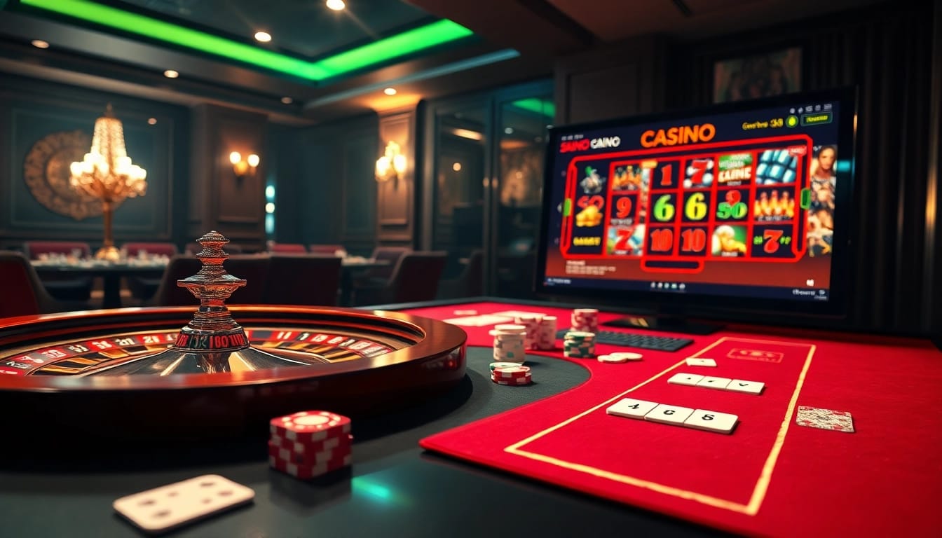 Configuration de casino en ligne avec une table luxueuse et une interface numérique pour une expérience de jeu immersive