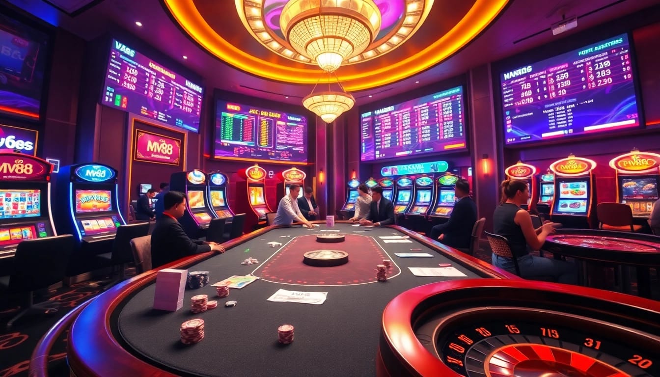 Experience thrilling online gambling at mv88 casino with vibrant poker tables and slot machines.