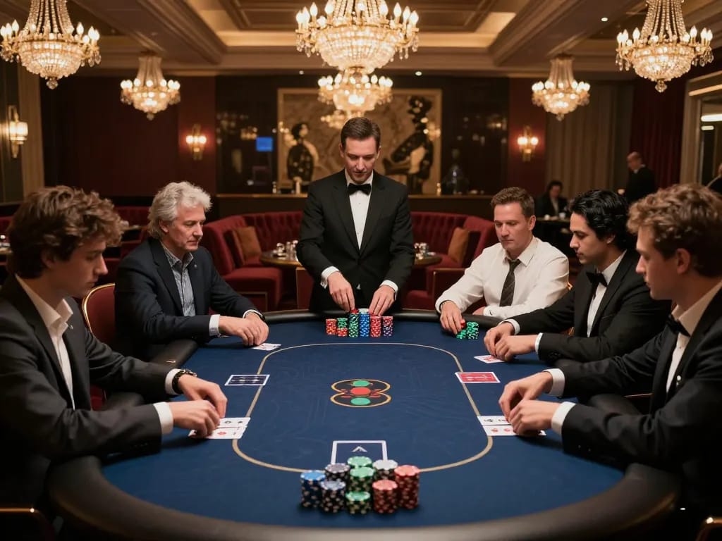 vipwin players engaged in intense poker session at a luxury casino's high-roller room
