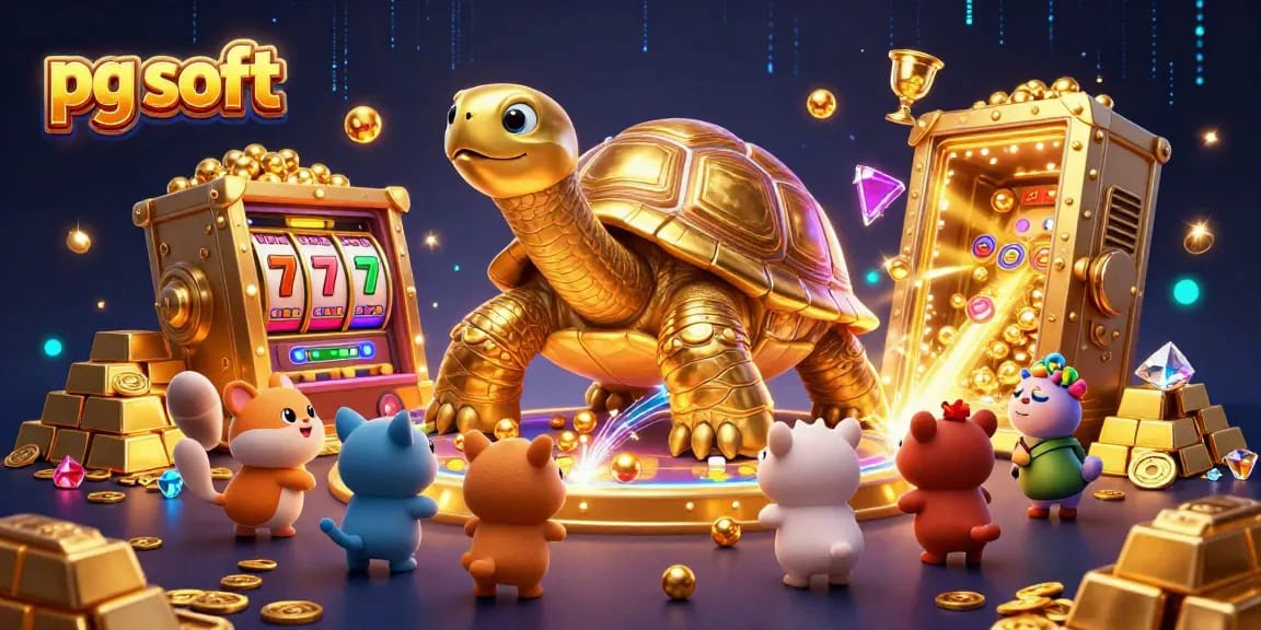 Experience the excitement of pg soft slots with a vibrant 3D cartoon illustration featuring a golden tortoise and dazzling treasures.