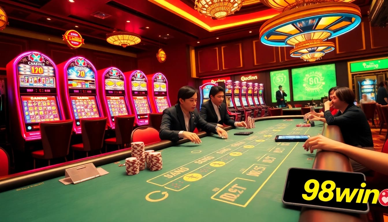 Experience thrilling gameplay at 98win with vibrant casino visuals, including blackjack and slots.