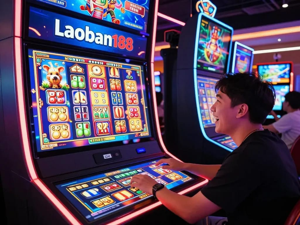 Pemain yang berinteraksi dengan antarmuka perjudian online laoban188 menampilkan permainan slot yang hidup dan suasana yang dinamis.