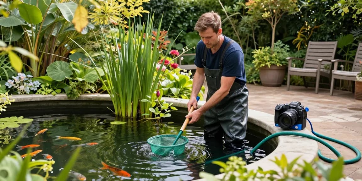 Professional Pond Cleaning London: Expert cleaning service enhancing the health and beauty of a vibrant garden pond.
