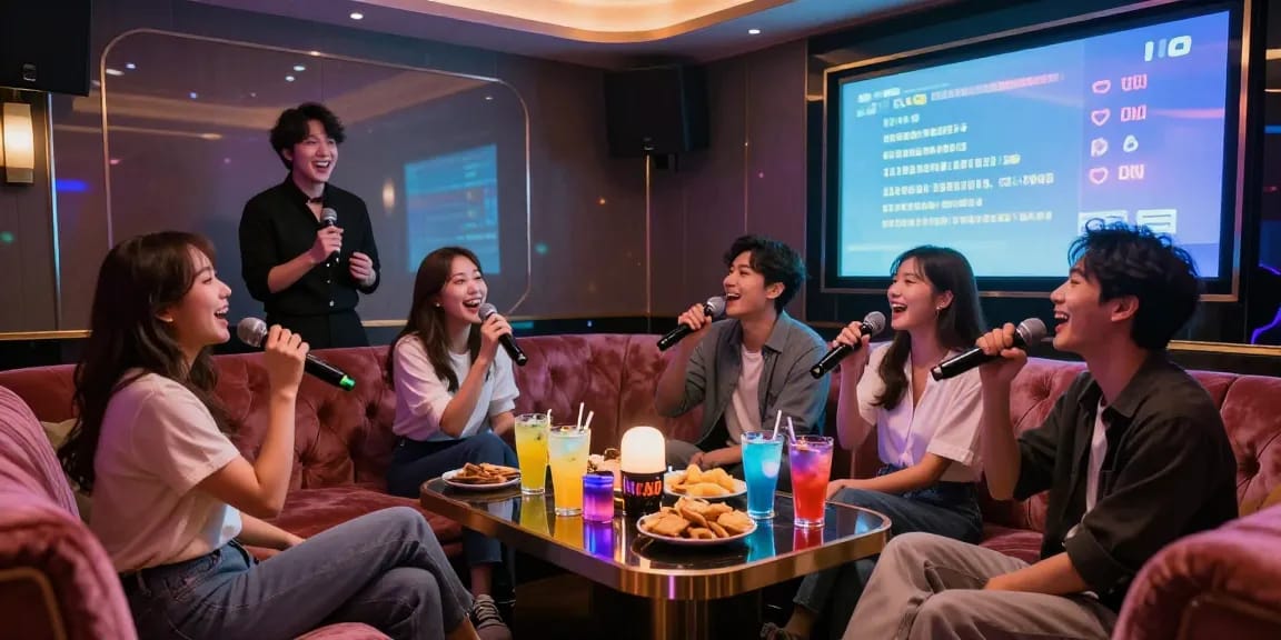 강남가라오케에서 친구들과 함께 즐거운 노래방 시간을 보내는 모습