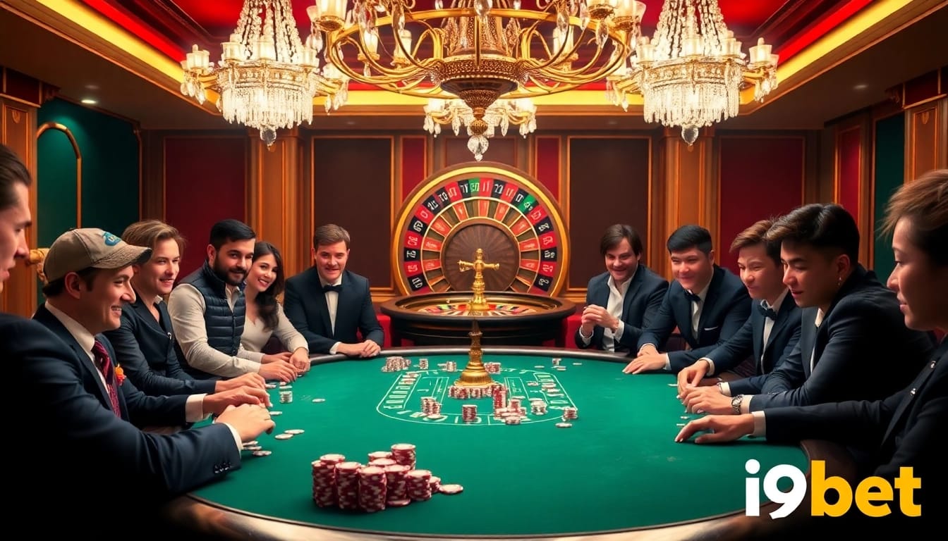 i9bet features an exciting high-stakes poker game with players and colorful chips.