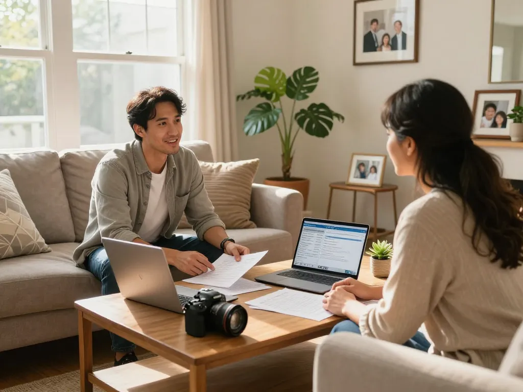 Friendly cash home buyers discussing offers in a cozy living room.