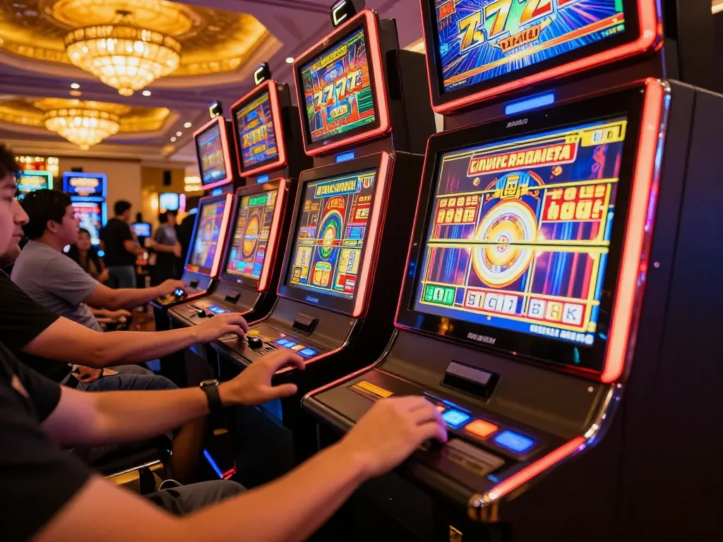 Players engaging with slot 777 machines in a lively casino atmosphere filled with flashing lights.