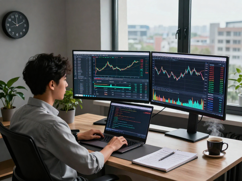 MetaTrader 5 trader analyzing charts and strategies in a modern home office