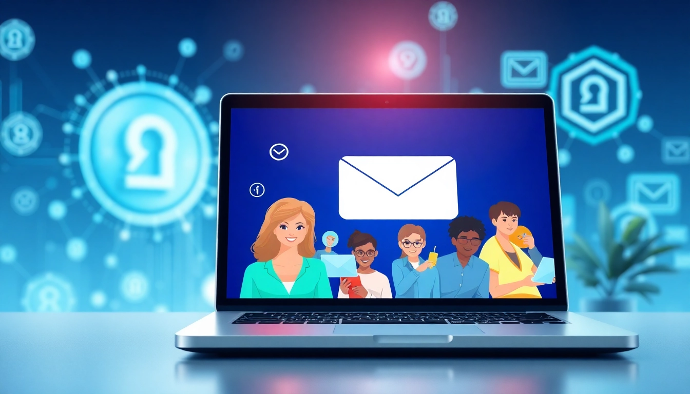 Visual representation of temp mail gmail account service interface with happy users engaged in privacy.