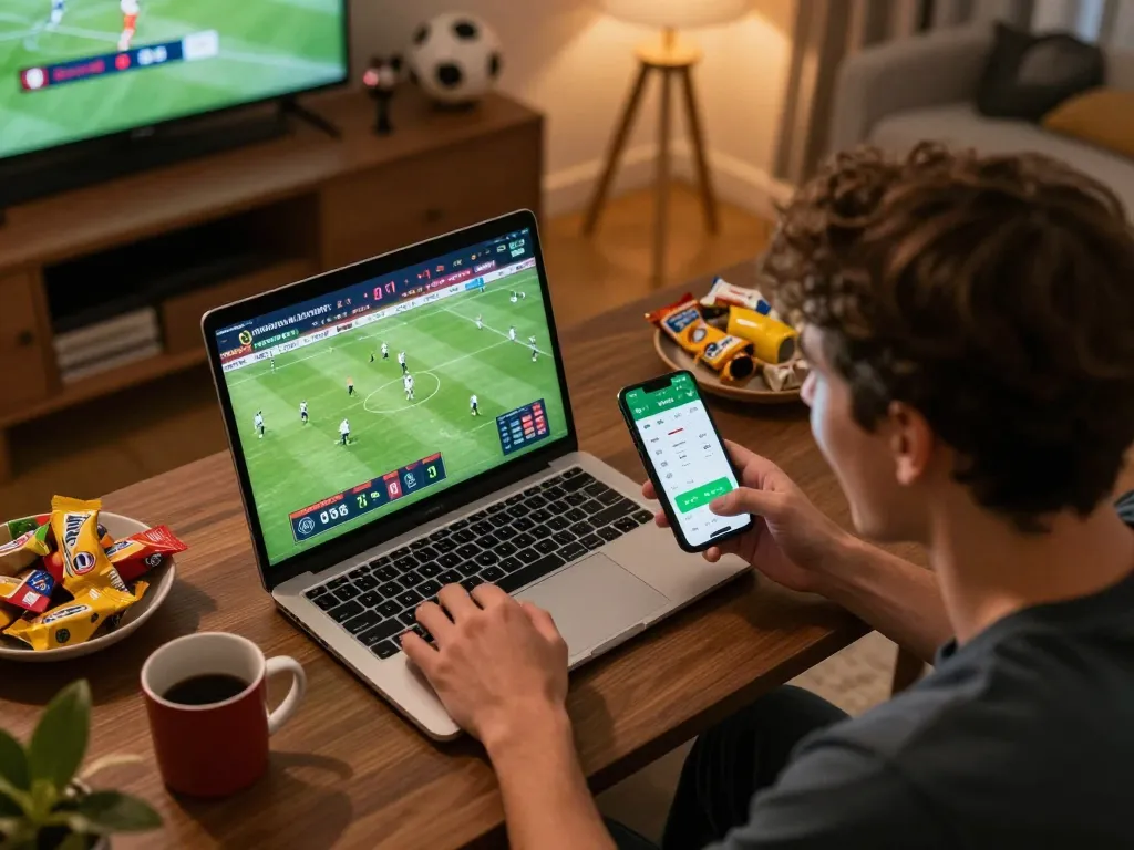 Excited user placing bets while streaming trực tiếp bóng đá okwintv from home with vibrant atmosphere