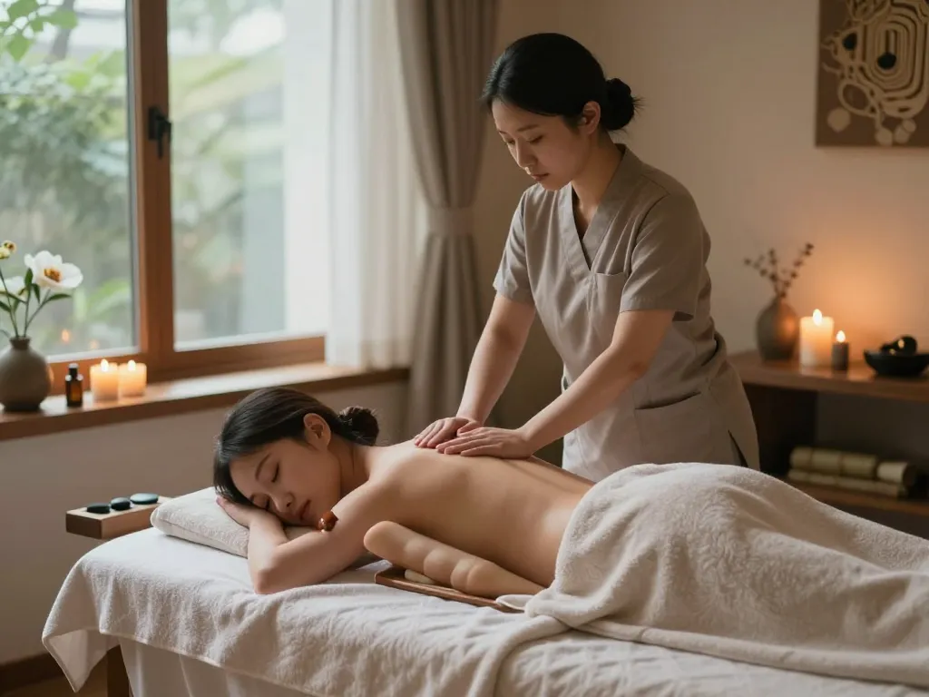 편안한 장식과 자연광이 비치는 평화로운 스파 환경에서의 인계동마사지 치료