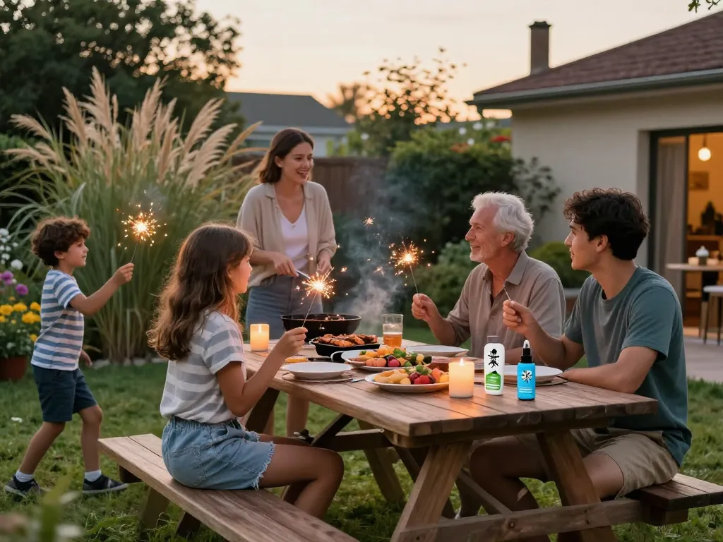 Best Mosquito Repellent products showcased at a summer backyard barbecue with family enjoying the outdoors.