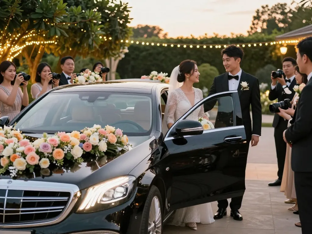 Xe cưới Mercedes trong một khung cảnh cưới đẹp với trang trí hoa và ánh sáng giờ vàng.