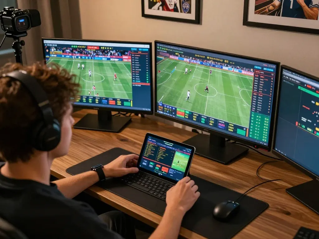 Betting on sports at king33 with multiple screens showing live events and odds.