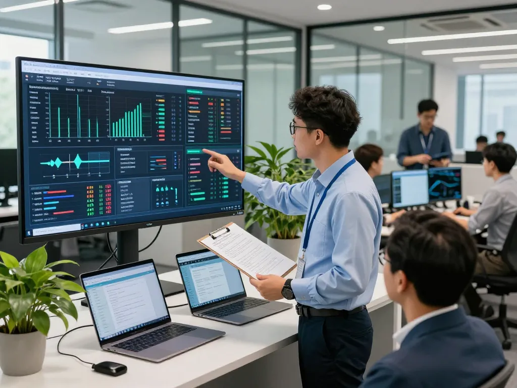 Engineer at innovative Schneider Electric energy management control center with digital analytics.
