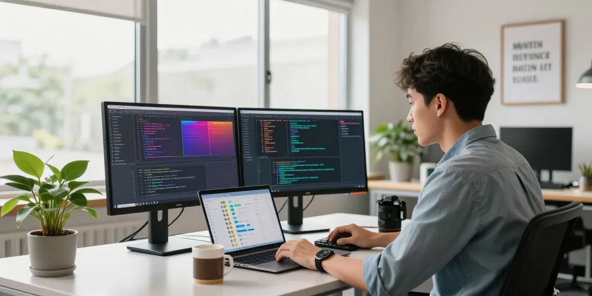Tech workspace with developer coding on dual monitors for 纸飞机中文版官网 functionality.