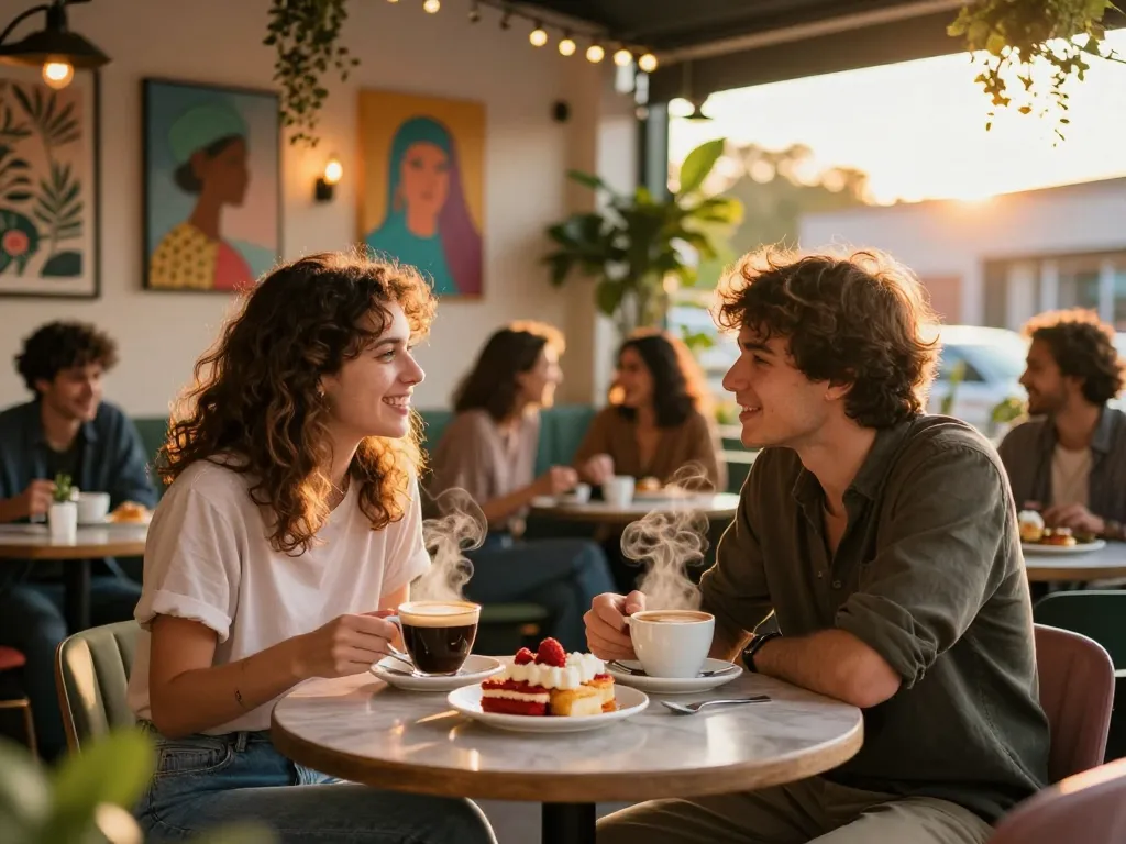 Couple enjoying a spicy chat in a vibrant café ambiance with warm lighting.