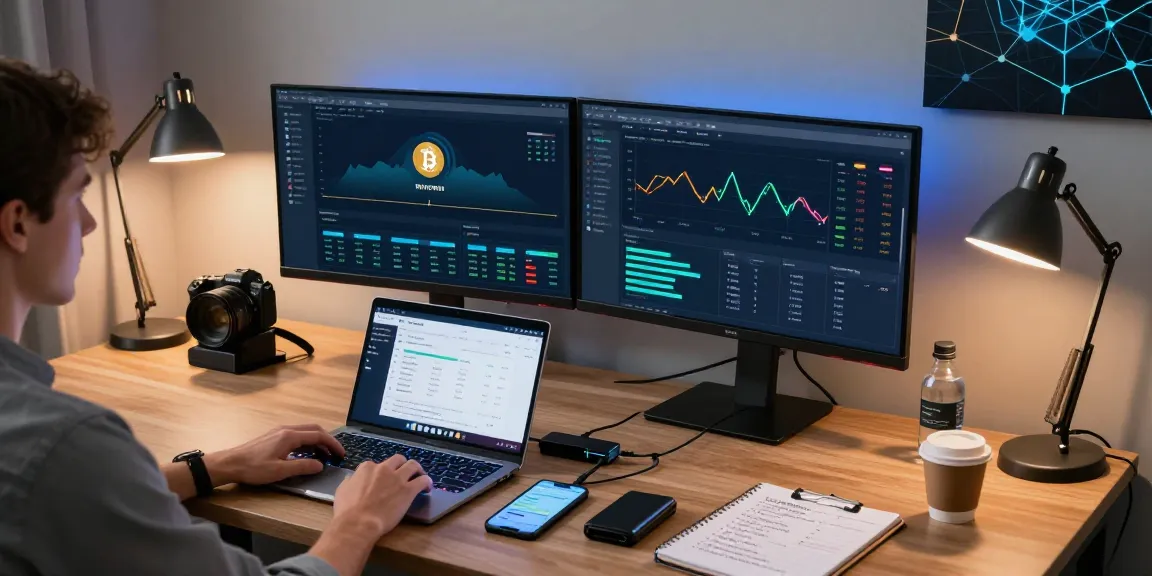 Profitable cloud mining platform represented in a modern cryptocurrency mining workspace, showcasing computer monitors with Bitcoin charts and digital wallet security.