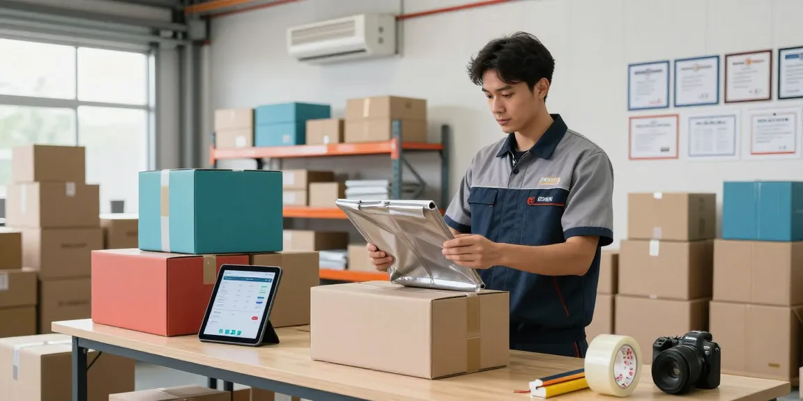 ROKOK88 packaging specialist inspecting waterproof boxes in modern warehouse environment.