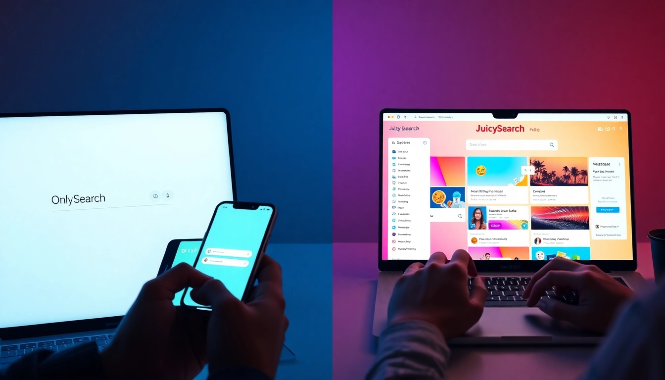 The interface comparison of onlysearch vs juicysearch highlighting design differences in user experience.