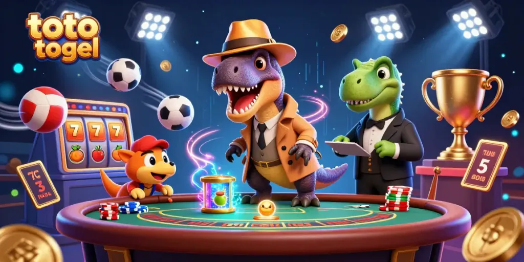Visualisasi menarik tentang toto togel dengan velociraptor dan elemen kasino.
