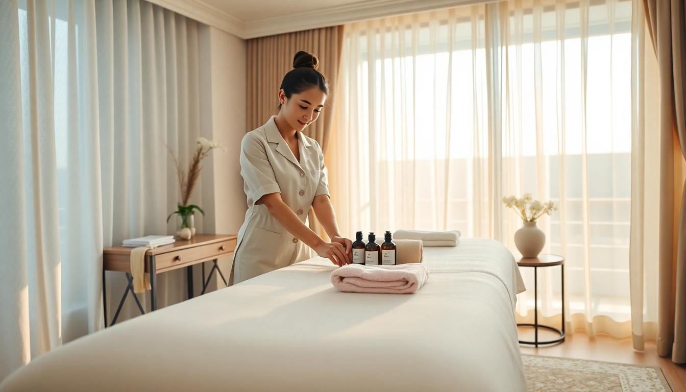 출장마사지 session in a serene hotel setting with a professional therapist.