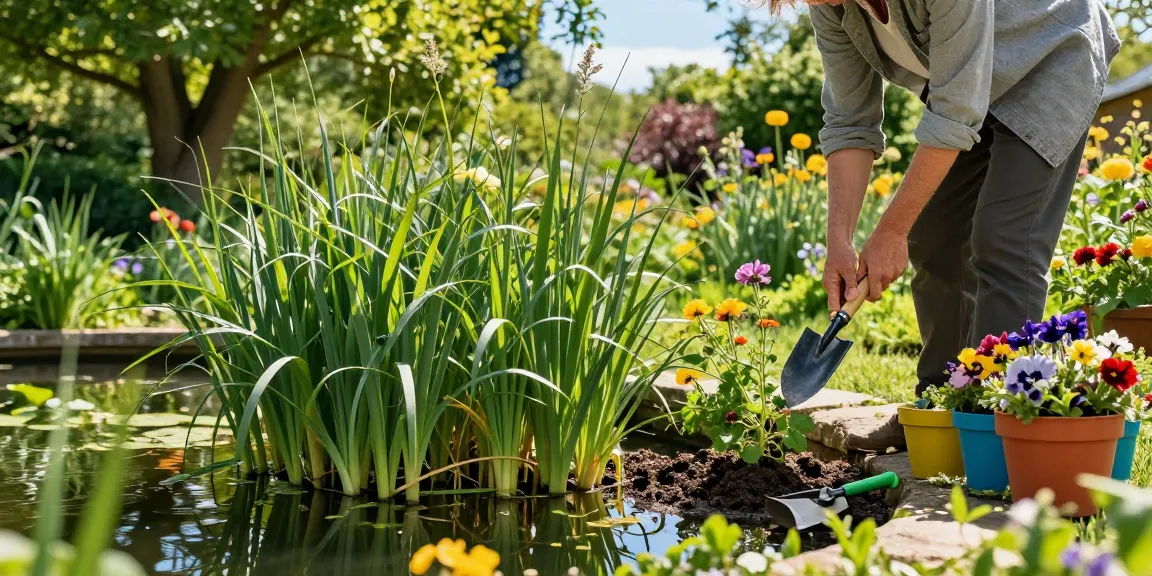 Lush marginal pond plants by a peaceful garden pond with a gardener tending to the vibrant greenery.