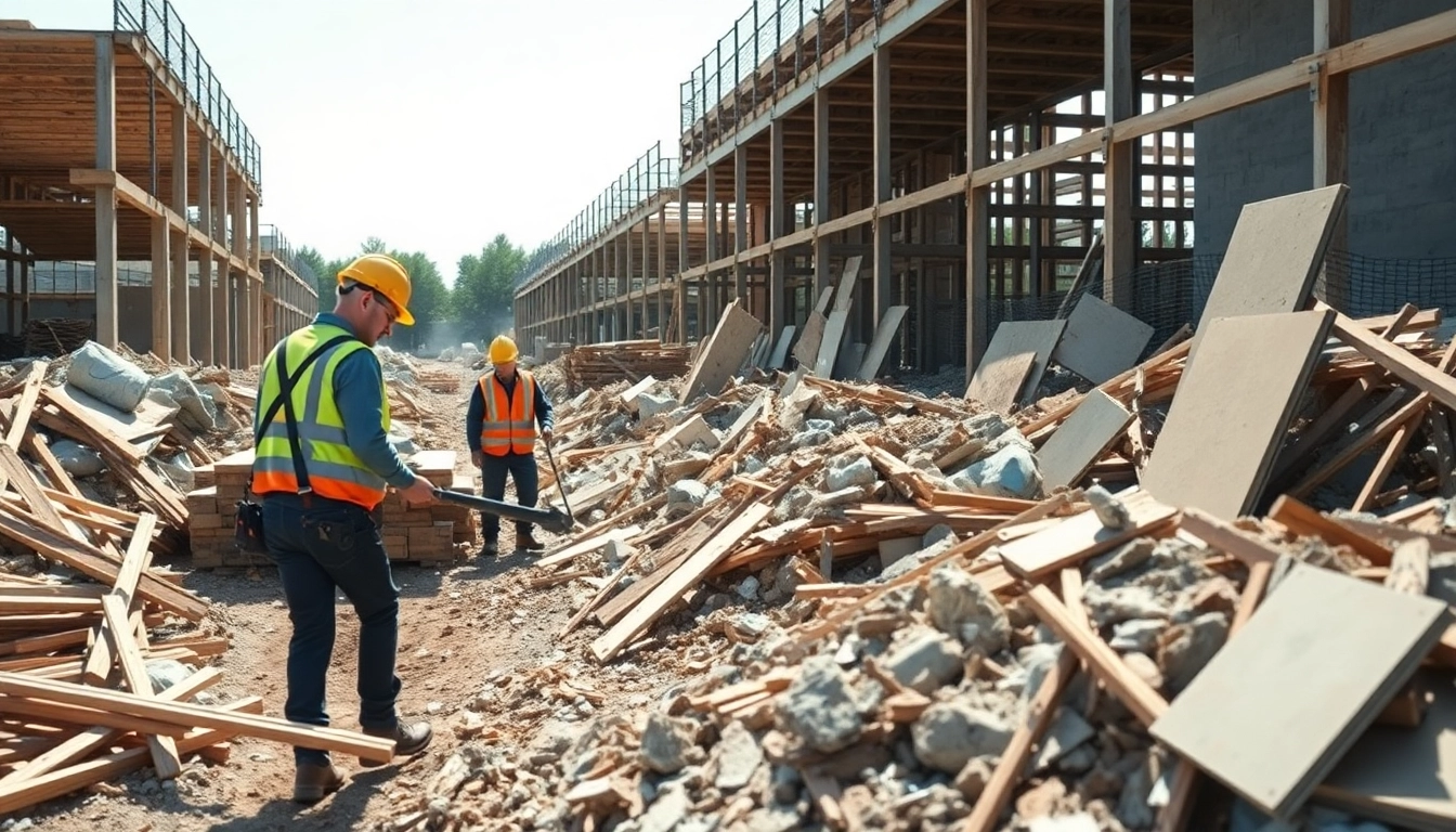 Construction debris removal by a professional team at a construction site, showcasing efficient waste management.