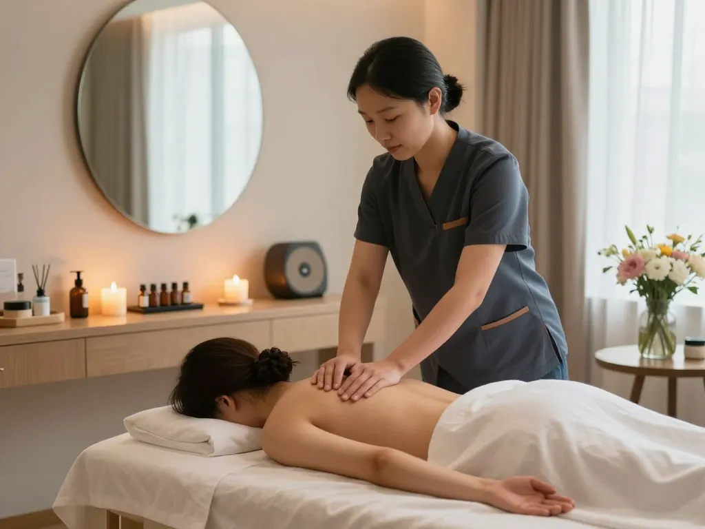 인천 출장마사지 session in a serene hotel room, therapist creating a calm atmosphere.