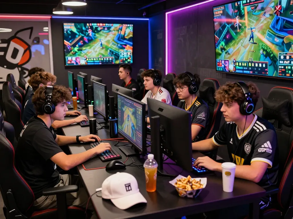 Engage with ligasedayu community in an energetic esports lounge filled with gamers and vibrant tournament atmosphere.