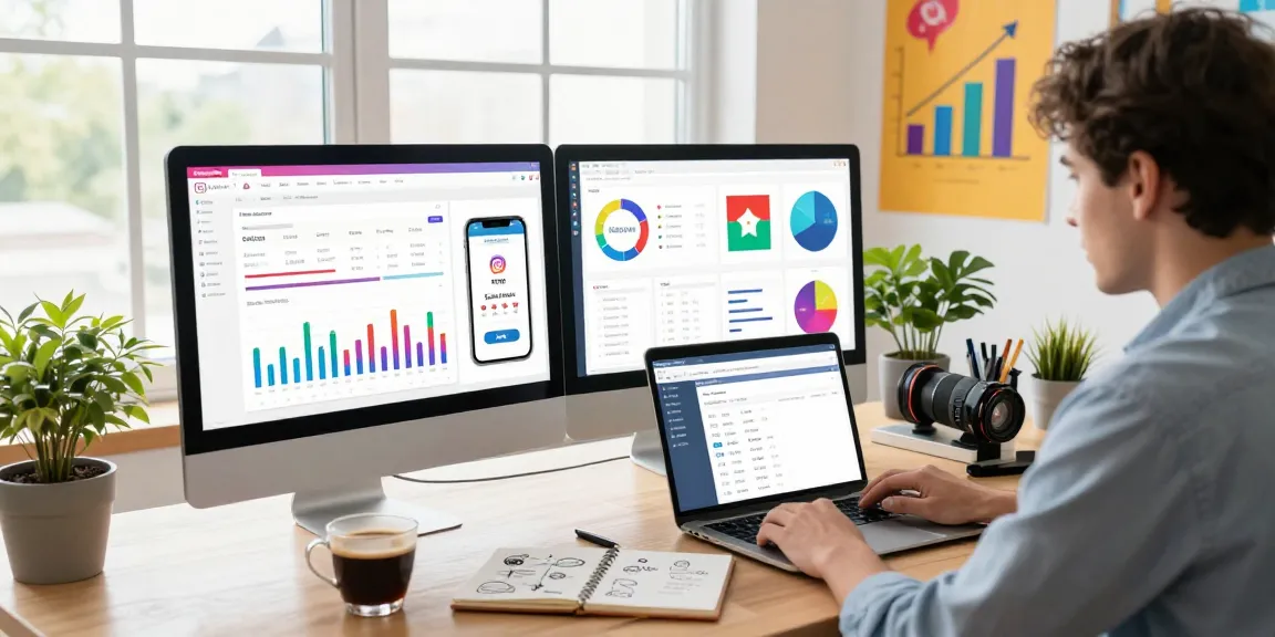 Engaging workspace showing a professional analyzing comprar seguidores instagram seguro metrics on dual monitors, capturing social media success.